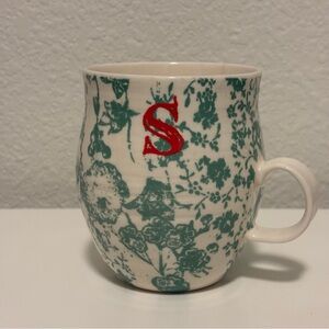 Anthropologie Aqua/Cream Floral Mug Red S Initial